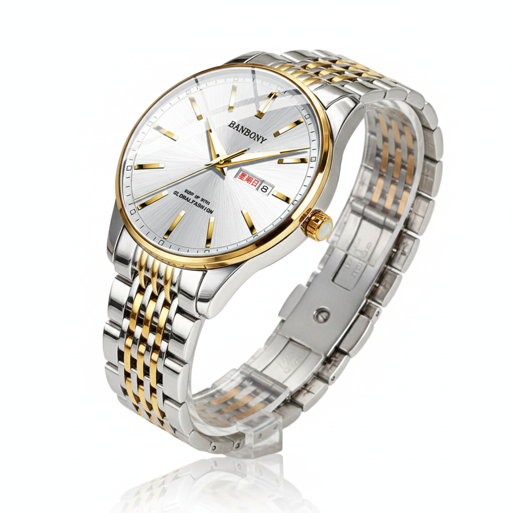 BANBONY Men's Quartz Watch – Dual Calendar, Luminous Dial, Hollow Back Design